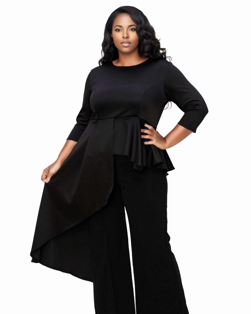 Front of a model wearing a size 1X Sanctuary Asymmetrical Peplum Top in Black by L I V D. | dia_product_style_image_id:315892